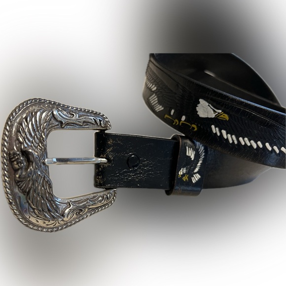 🦅🇺🇸Sz 46 Detachable Eagle Belt & Buckle Vintage Silver-Toned Embossed Leather - Picture 7 of 17